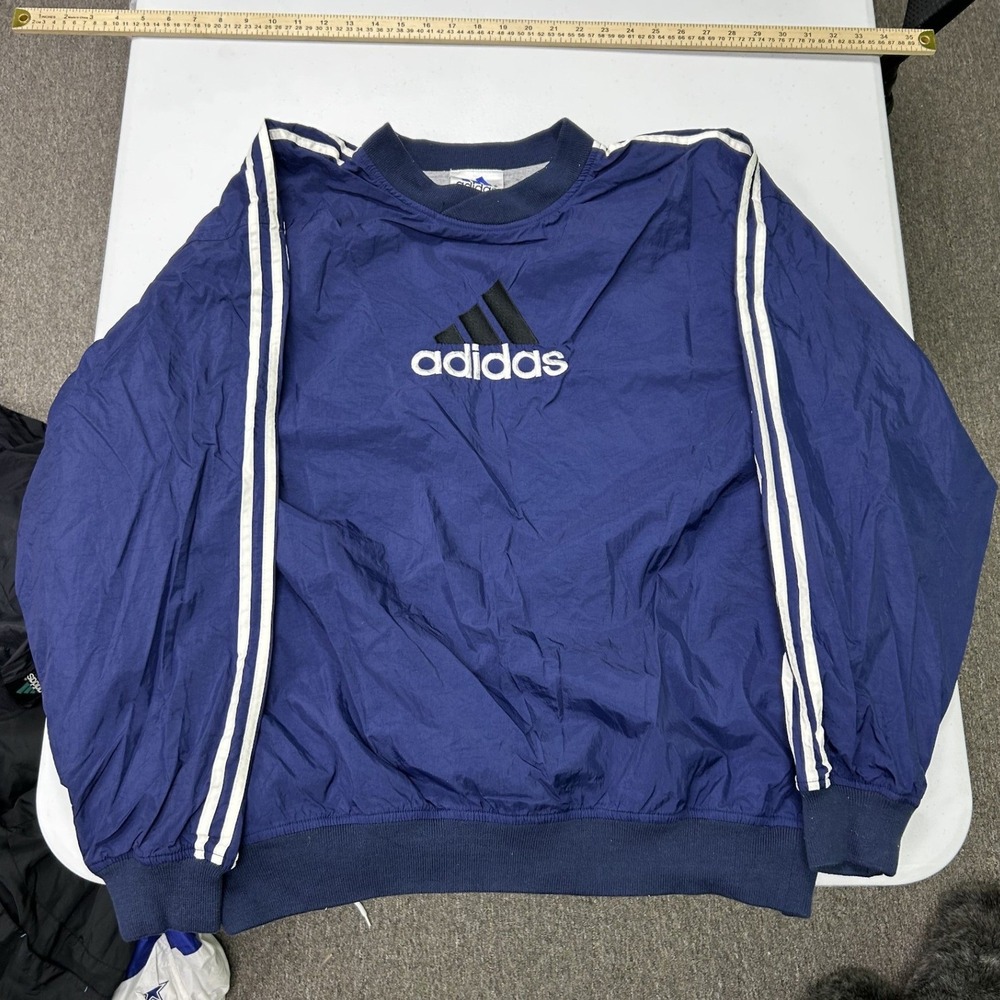 Adidas Windbreaker Pullover Mens Large Navy Blue Vintage 3-Stripe Logo H1